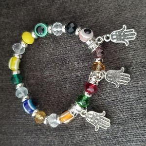 HANDMADE IN TURKEY MULTICOLOR EVIL EYE HAND SILVER BRACELET
